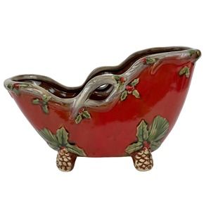 Holly Berry Acorn Ceramic Santa Christmas Sleigh Figurine Planter Centerpiece